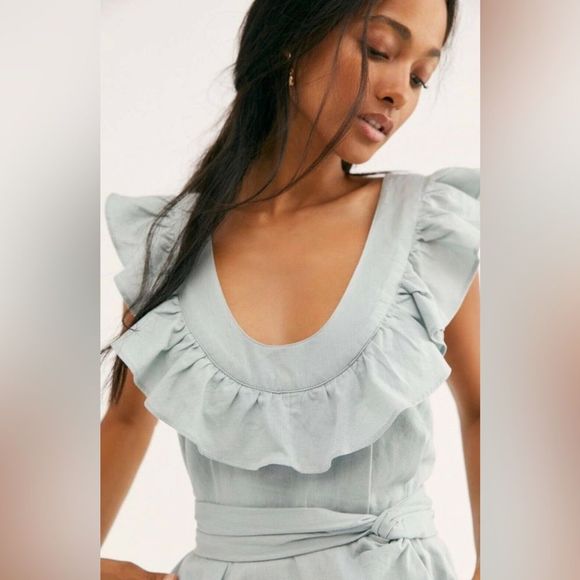 Free People Lara ruffle bib mini dress in seafoam green - Picture 3 of 4